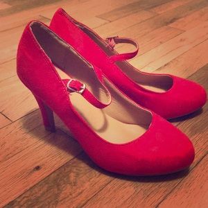 Faux Suede Red Mary Jane Pumps